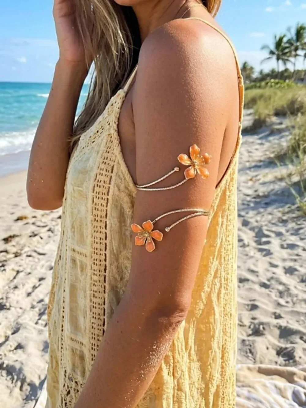 Boho Orange Enamel Flower Arm & Ankle Cuff Bracelet | Adjustable - Picture 3 of 13